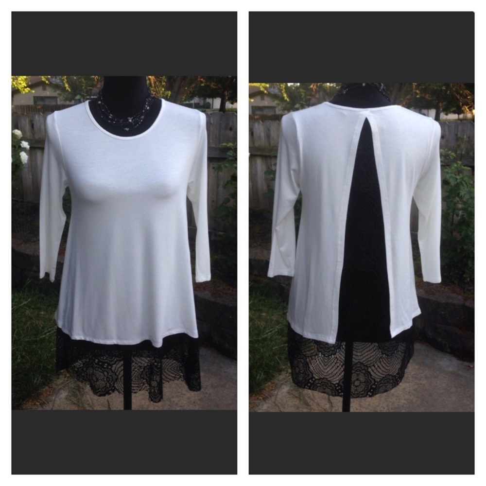 Soft ivory and black lace open back 3/4 sleeve tunic top size S NWT
